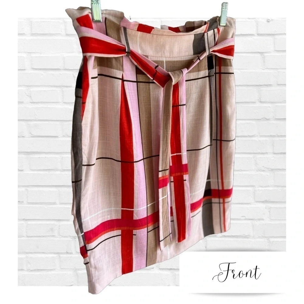 Ann Taylor Linen Blend Multi Colored Plaid Skirt Bow Belted Women’s 8P Pink Tan